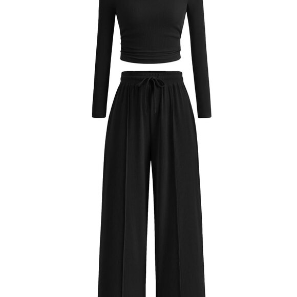 Long Sleeve Crop Top & Wide Leg Pants Set OEKO-TEX Certified